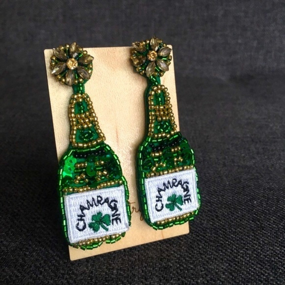 Felt Fabric Rhinestone & Sequin Champagne Bottle Shamrock Earrings, Green, Gold